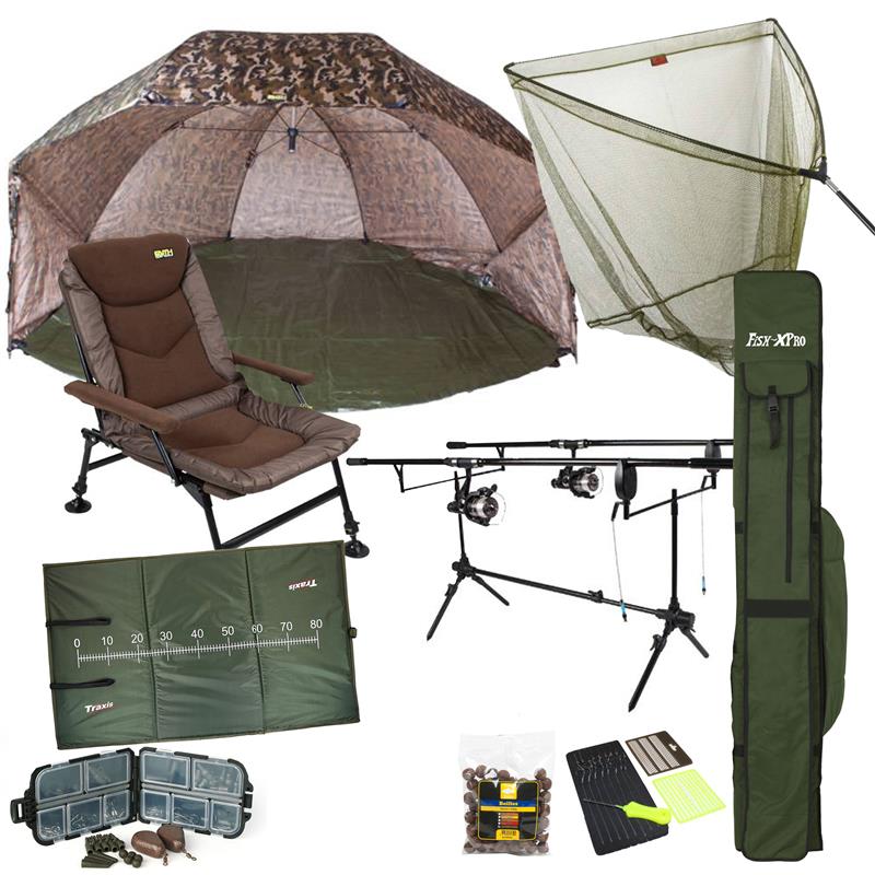 Traxis Carp Set - Starter Set - Pêche de la carpe - Cannes - Moulinets - Chaise de pêche - Epuisette - Tapis de décrochage - Rod pod - Alarmes de touche - Abri