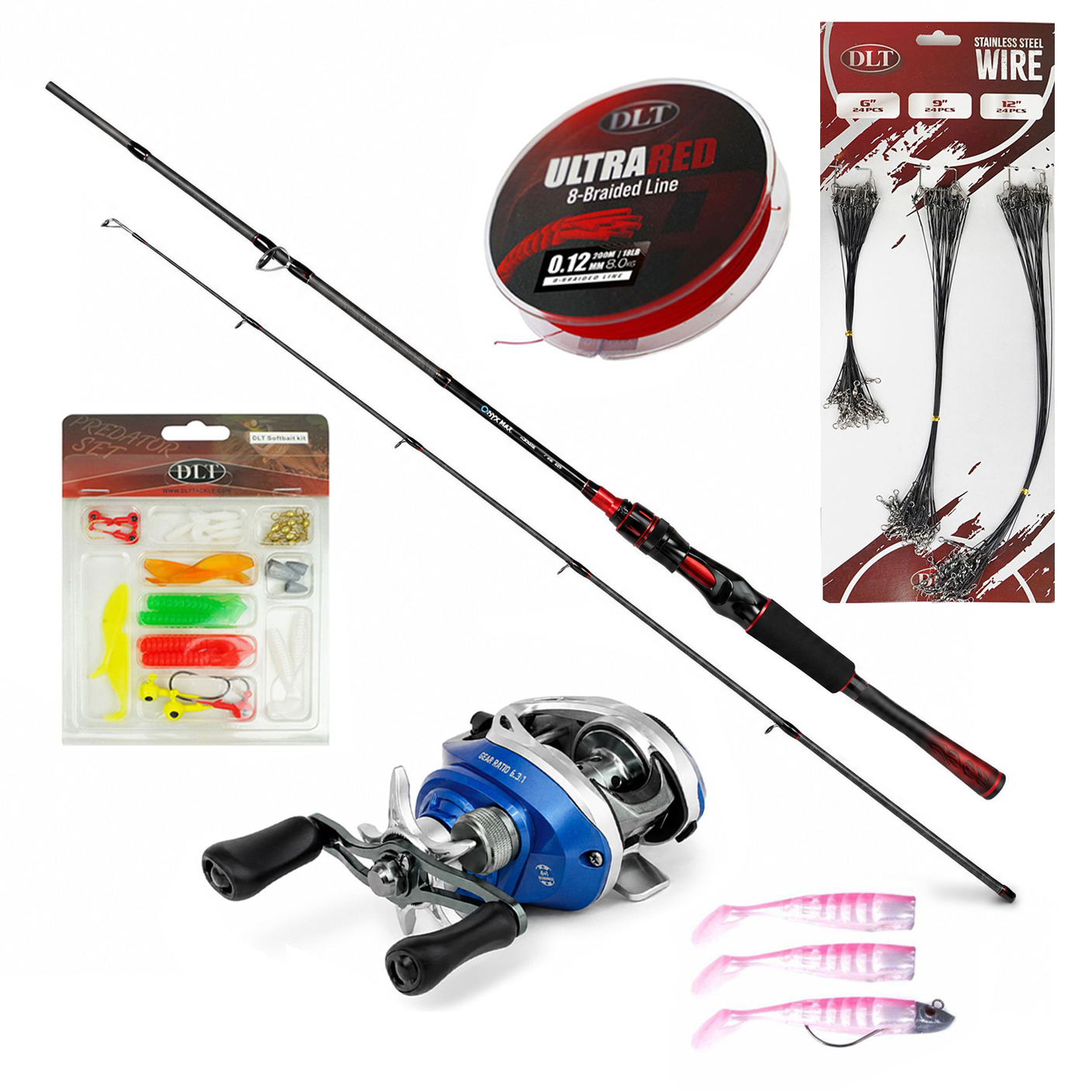 Eurocatch Baitcaster set Deluxe - Canne Baitcaster & Moulinet Baitcaster - Ligne tressée - Kit Softbait - Fils acier
