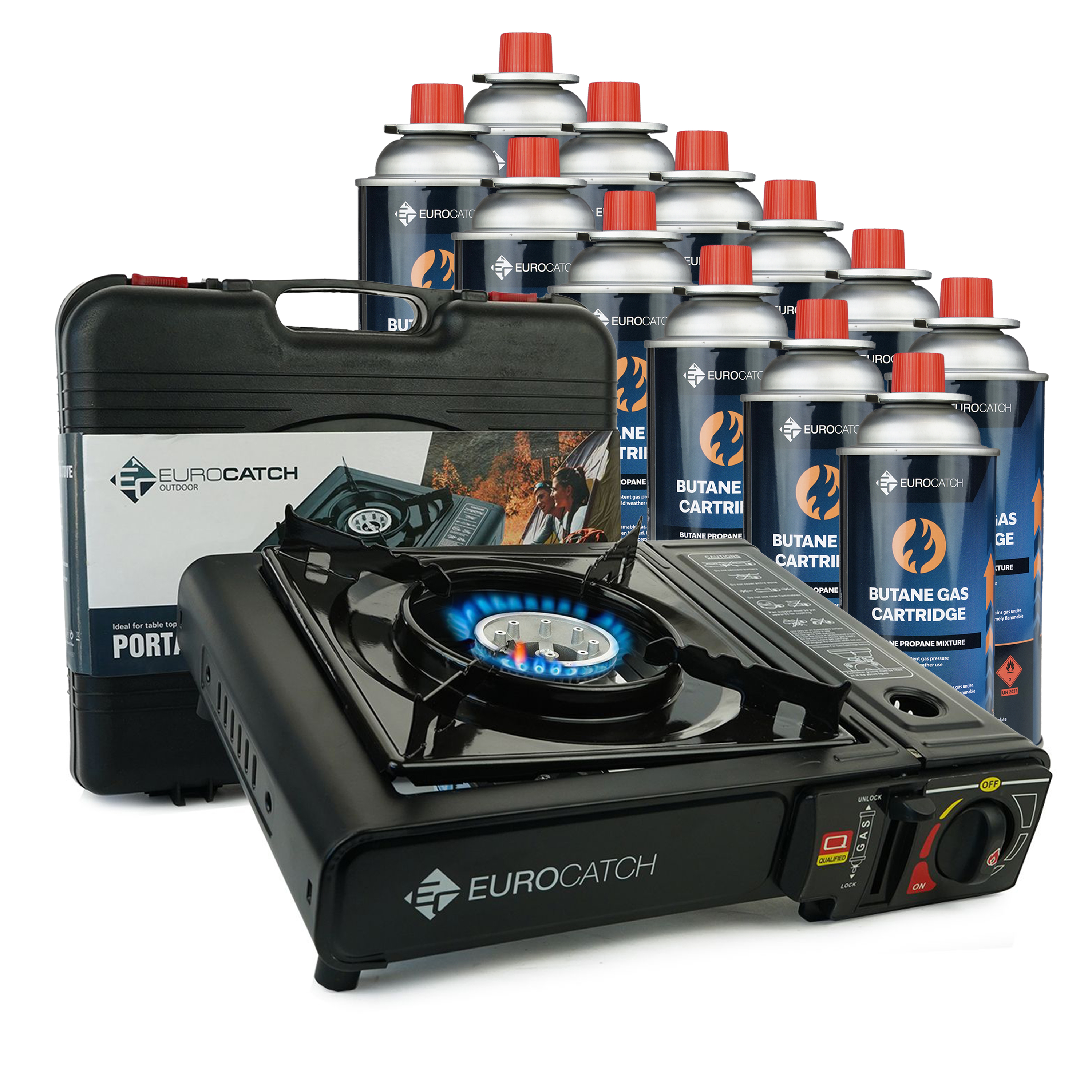 Eurocatch Outdoor - Réchaud à gaz - avec 12 bonbonnes de gaz - Réchaud à gaz - Réchaud de camping - Brûleur à gaz - Réchaud à gaz - Réchaud à gaz - Cuisinière - Mallette de transport
