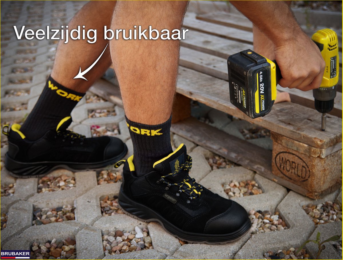 BRUBAKER - Werksokken - 10 Paar - Katoen - Zwart Geel - Maat 47-50