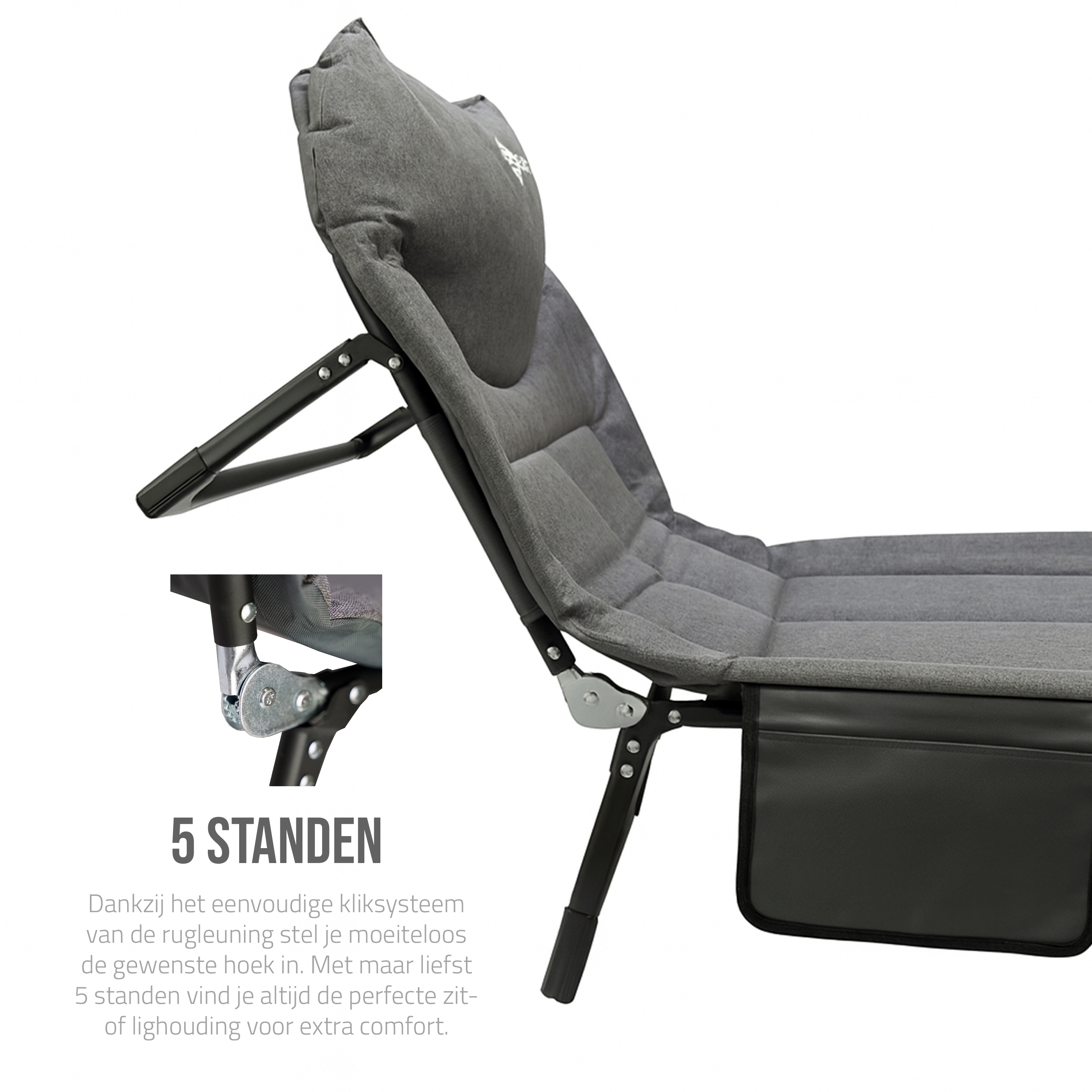 Lit de camping pliable Eurocatch – Dossier réglable 5 positions, 4 pieds robustes, poche latérale, appui-tête rembourré – Compact & Confortable – 195×65×27 cm