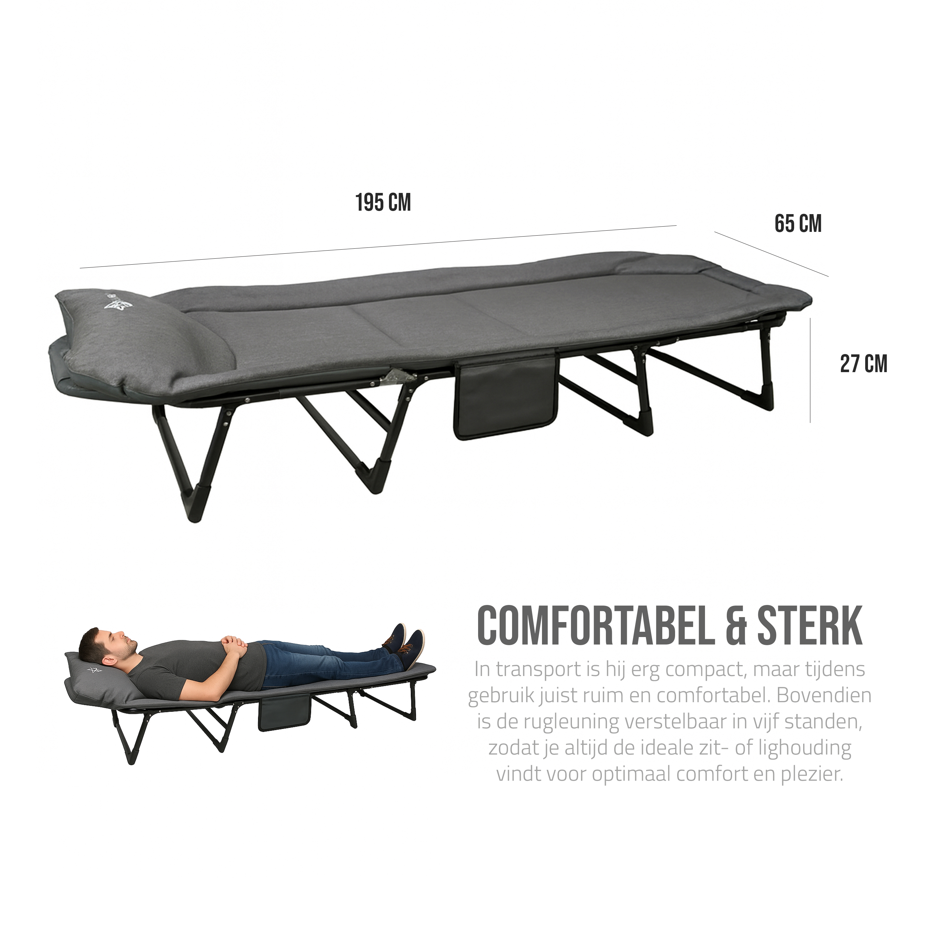 Lit de camping pliable Eurocatch – Dossier réglable 5 positions, 4 pieds robustes, poche latérale, appui-tête rembourré – Compact & Confortable – 195×65×27 cm