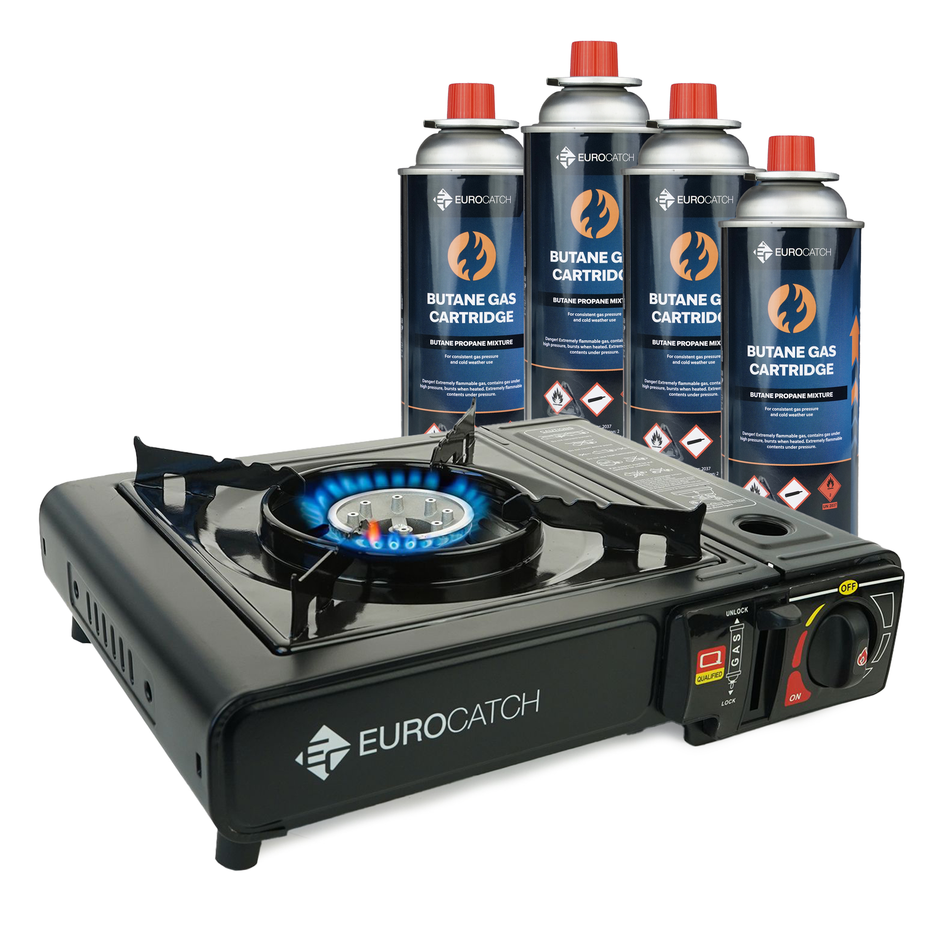Eurocatch Outdoor - Réchaud à gaz - avec 4 bonbonnes de gaz - Réchaud à gaz - Réchaud de camping - Brûleur à gaz - Réchaud à gaz - Réchaud à gaz - Cuisinière - Mallette de transport