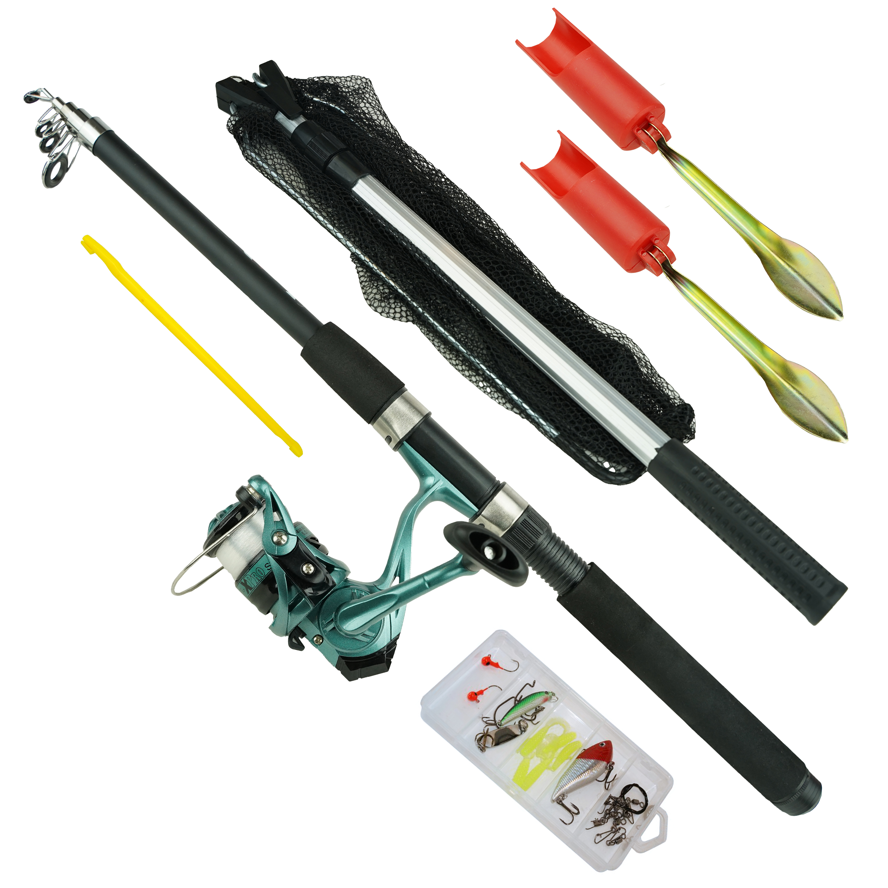 Fish-Xpro - Ensemble de Canne à Pêche Tout-en-Un - 2,10m - Moulinet avec Nylon - Epuisette 40x40 - Support de Canne - Boîte à Outils avec Accessoires Fish-Xpro - Ensemble de Canne à Pêche Tout-en-Un - 2,10m - Moulinet avec Nylon - Epuisette 40x40 - Support de Canne - Boîte à Outils avec Accessoires
