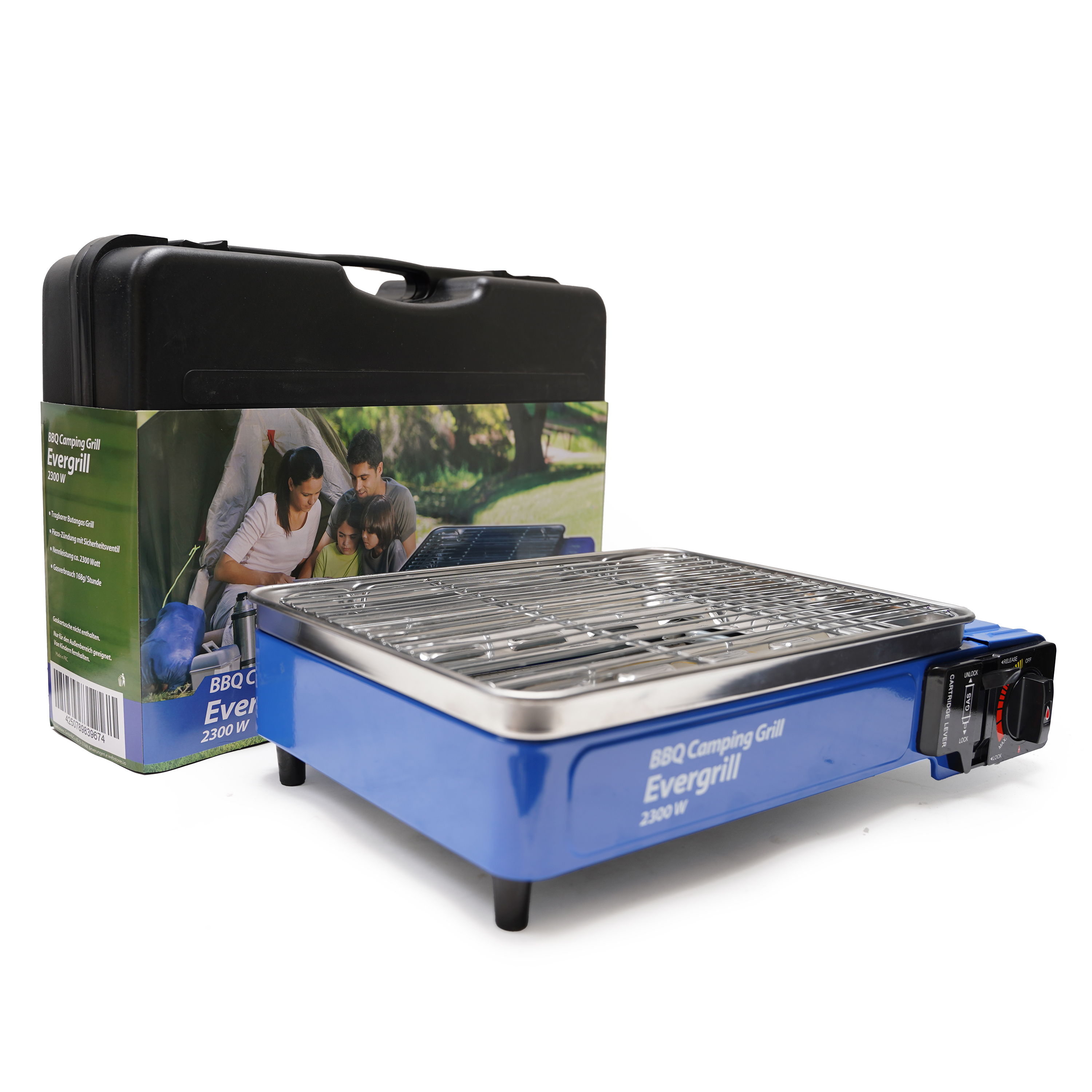 Eurocatch Gaz Butane Camping Grill Evergrill - Barbecue à gaz - Réchaud de camping - Grill de table - Barbecue de table -incl. 16 Bidons de gaz