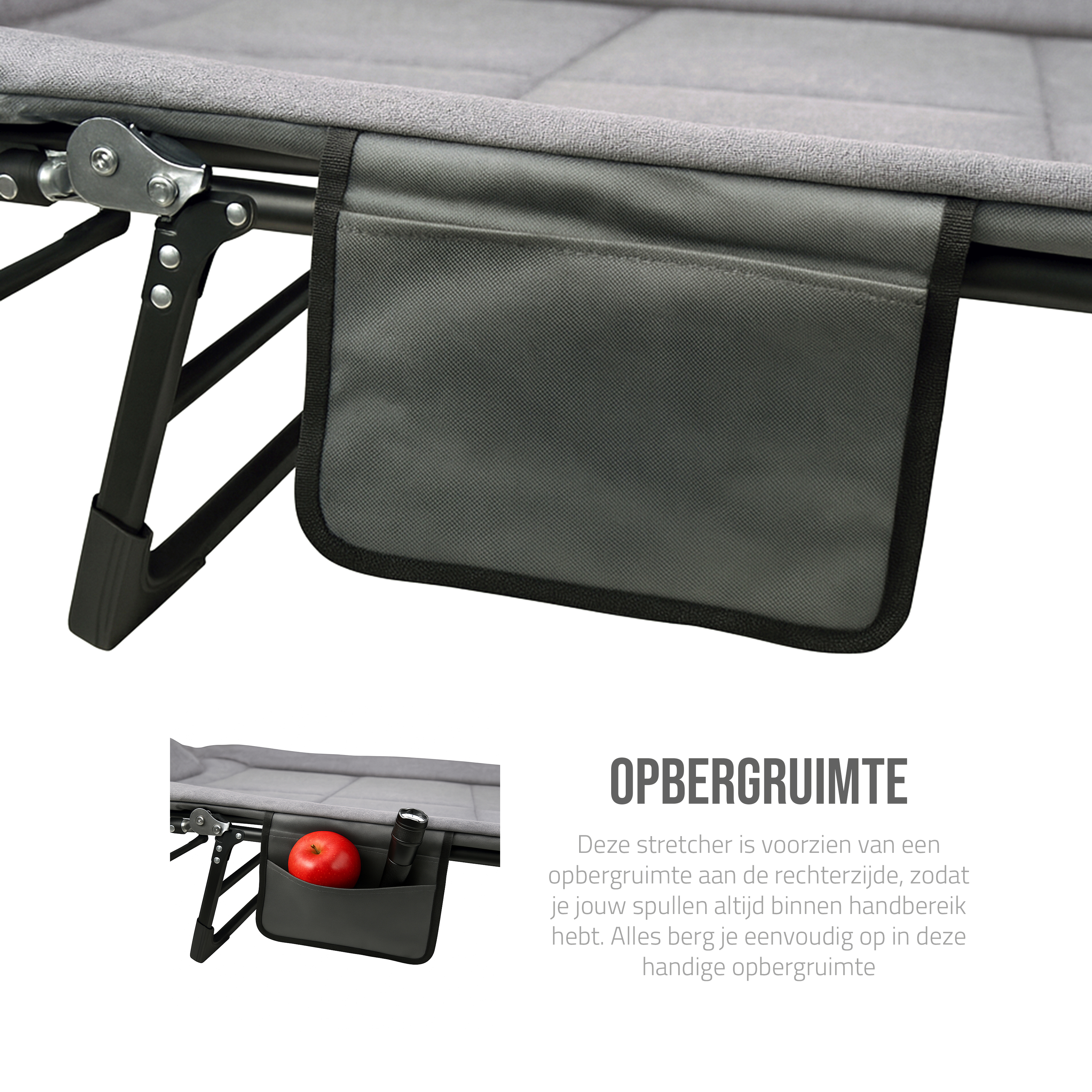 Lit de camping pliable Eurocatch – Dossier réglable 5 positions, 4 pieds robustes, poche latérale, appui-tête rembourré – Compact & Confortable – 195×65×27 cm