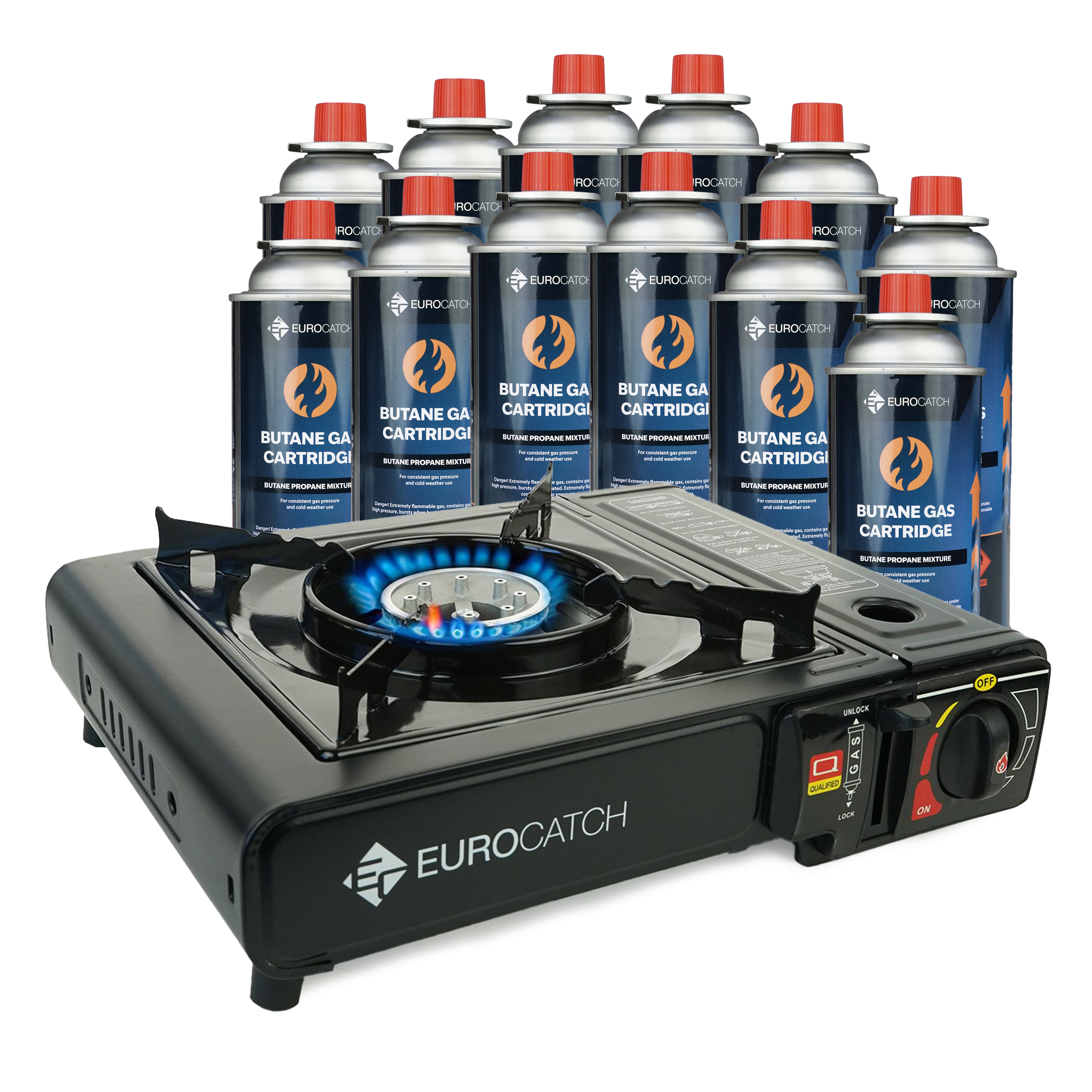 Eurocatch Outdoor - Réchaud à gaz - avec 12 bonbonnes de gaz - Réchaud à gaz - Réchaud de camping - Brûleur à gaz - Réchaud à gaz - Réchaud à gaz - Cuisinière - Mallette de transport
