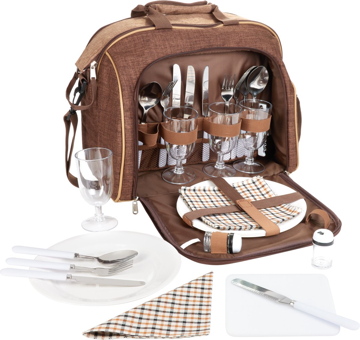 BRUBAKER - Sac de pique-nique - 4 personnes avec compartiment réfrigérant, portable comme sac polochon ou sac à bandoulière - marron - 38 × 30 x 21,5 cm - 30 actions