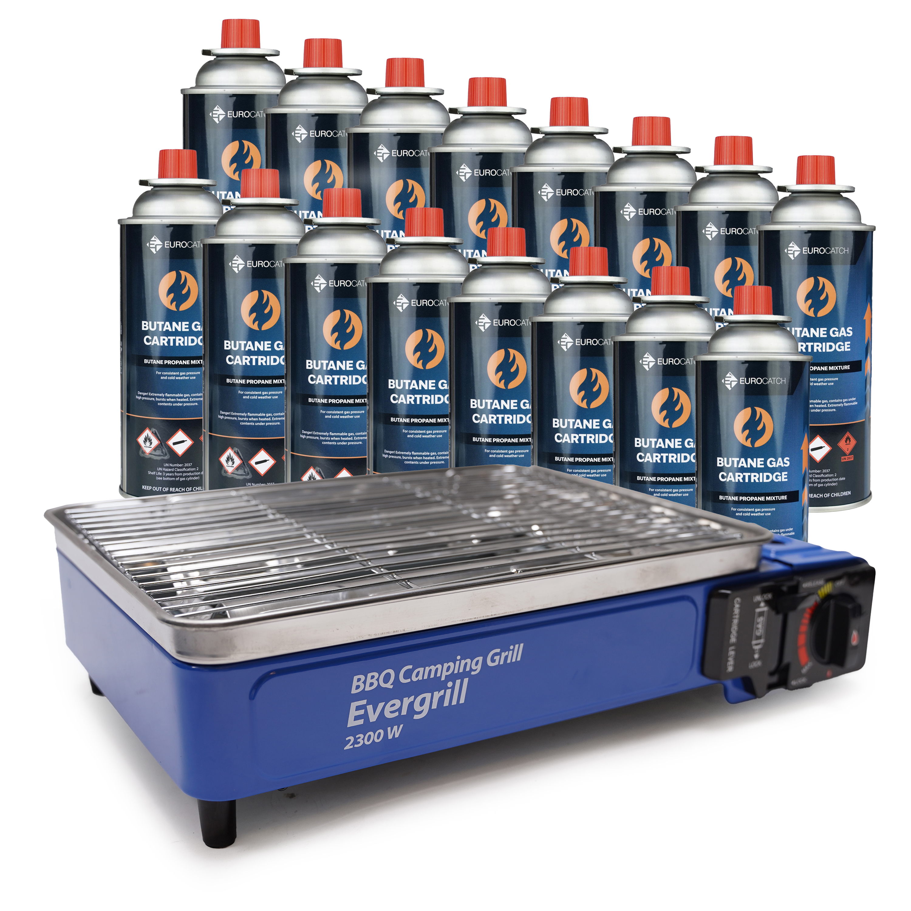 Eurocatch Gaz Butane Camping Grill Evergrill - Barbecue à gaz - Réchaud de camping - Grill de table - Barbecue de table -incl. 16 Bidons de gaz