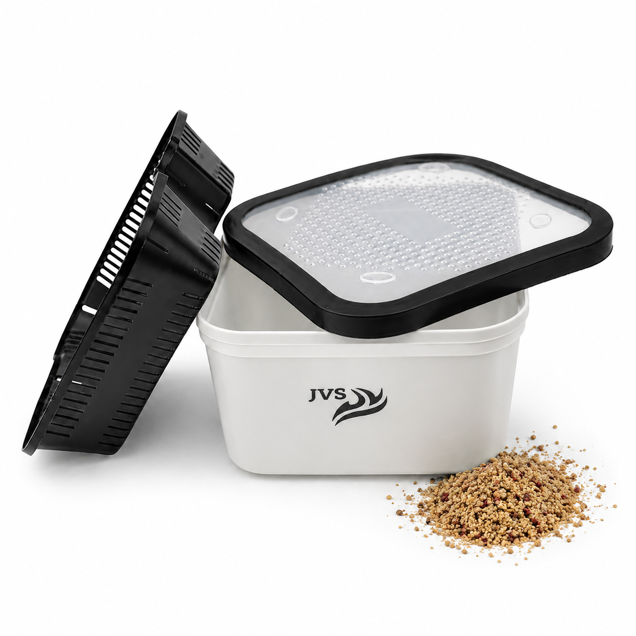 Boîte à asticots JVS avec joint en caoutchouc – tamis à pellets inclus – haute