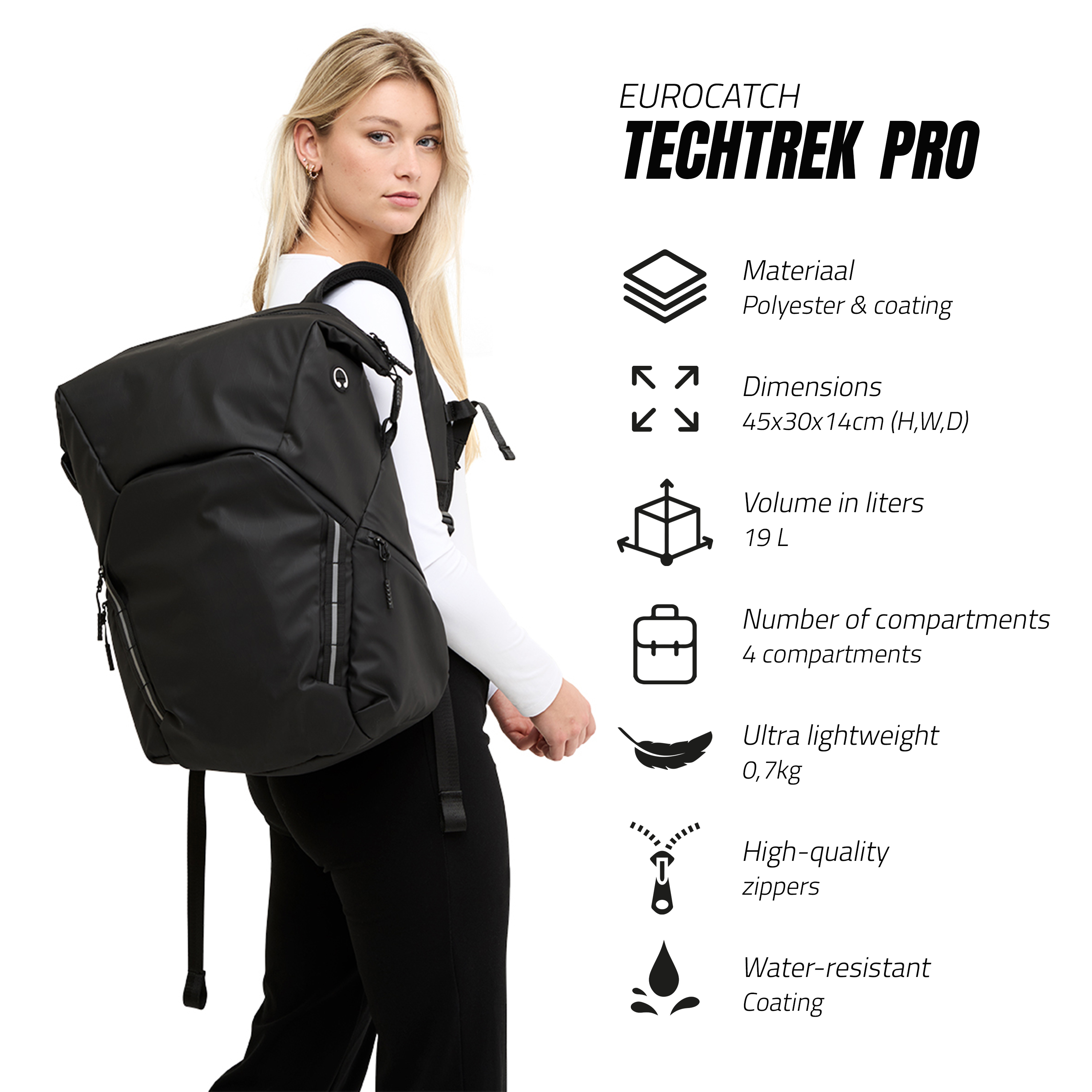 TechTrek Pro – Sac à dos imperméable 19 L – Noir – Compact et fonctionnel pour le quotidien et les voyages